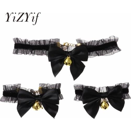 Cute Harajuku Bowknot Bells Collar Set Handmade Lace Up Bell Choker Handcuffs Hanging Jingle Collar Kawaii Lolitas Bow Choker