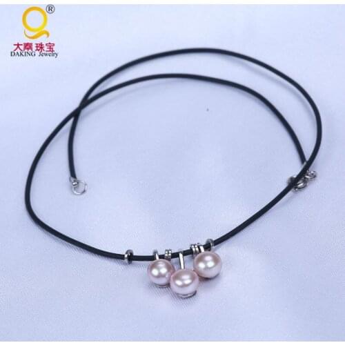 Trendy leather rope pearl necklace,43mm long natural real freshwater pearl pandant necklace girls gift