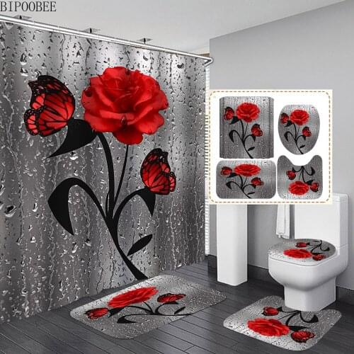 Butterfly Rose Shower Curtain Set Bath Mats Rugs Water Drop Flowers Bathroom Curtains Pedestal Rug Toilet Lid Cover Carpet