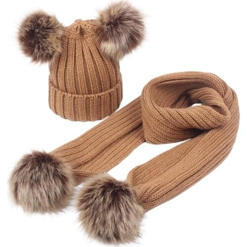 Toddler Kids Winter Warm Ribbed Knit Beanie Hat with Long Scarf Set Solid Color Cute Double Pom Pom Ear Cuffed Skull Cap