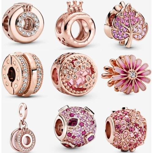 New Real 925 Sterling Silver Pink Daisy Flower Charm Fit Pandora Bracelet Rose Gold Open Centre Pave Crown O Charm DIY Jewelry