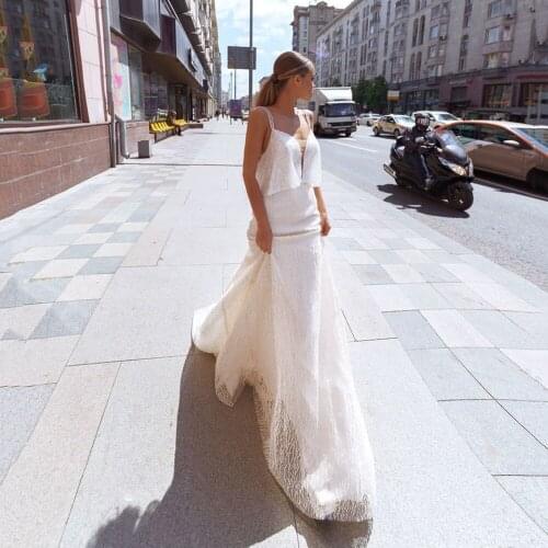 Chic Glitter Wedding Dresses Mermaid Ruffles Lace Bridal Gowns Ivory Sexy Backless Spaghetti Straps Elegant Vestido De Mariee