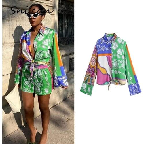 Green Hawaii Casual Blouse Za 2021 Women Chic Tops Summer Fashion Oversize Casual Holiday Satin Shirts Vintage Femme Chandails
