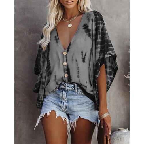 2021 Autumn Fashion Womens V-neck Bat Sleeve Tie-dye Printed Blouse For Ladies Loose Button Streetwears Blusas Spring Shirt Top