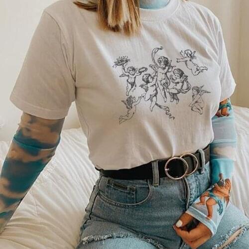 Women Angel Print Vintage Fashion T-Shirt Summer Cute Aesthetic Graphic Tees Female Short Sleeve Streetwear Tops Grunge Clothes