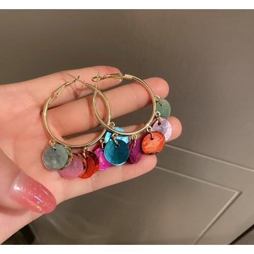 Origin Summer Bohemian Colorful Sequins Hoop Earrings for Women Beach Gold Color Hooks Arcylic Round Circle Earrings Oorbellen