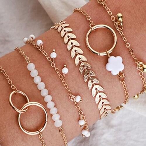 2021 New Bohemian Gold Tassel Bracelet Geometric Leaves Beads Layered Bracelet Charm Womens Bracelet Set Accessories