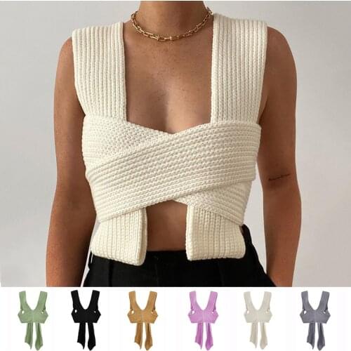 2021 Sleeveless Knitted Crop Sweater Sexy Autumn Summer Fashion Vest Black Casual White Jumper Top Female Pullover Y2K