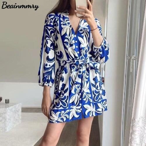 Za 2021 Women Blue Totem Floral Print Shirt Mini Dress Spring Autumn Elegant Female V Neck Single Breasted Lace Up Dress Vestido