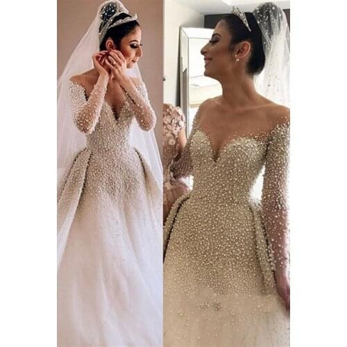 New Arrival Elegant Long Sleeves Sweetheart Bridal Gown 2019 Pearls Overskirt Wedding Dress Illusion Neck Turkey