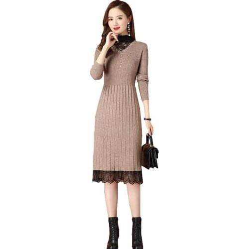 Women Knitted Dress Fashion Lace stitching Stretch Dresses New Winter Female Slim Vestir Long sleeve Turtleneck Sweater OK634