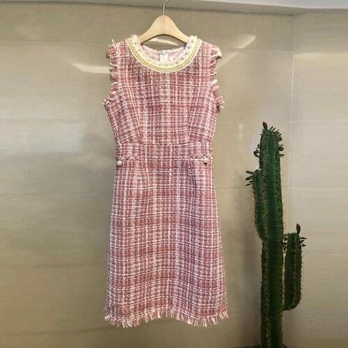 Pink Plaid Tweed Dress Women Sleeveless Autumn Winter Long Midi Dress Pearls Tassel Wool Party Dress Vintage Office Lady A508