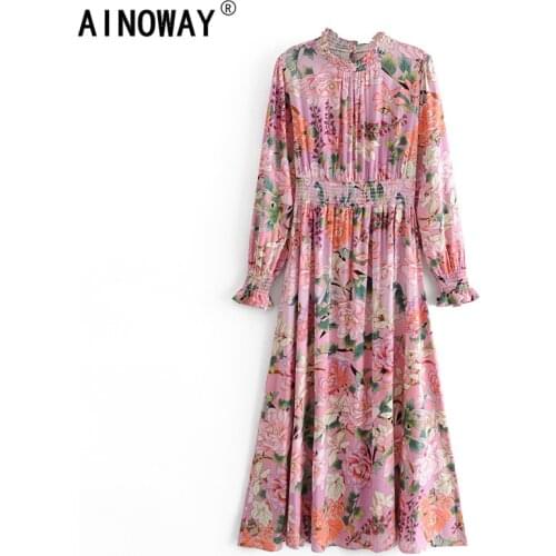 Vintage chic women Floral print elestic waist beach Bohemian Maxi dress Ladies stand collar rayon Boho dress vestidos