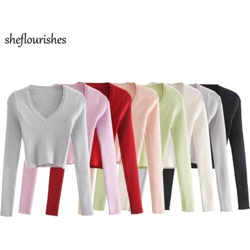 2021 Summer sweater women long sleeve crop sweater vintage v neck pullover korean green sweater knit solid pullover autumn