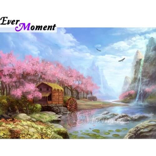 Ever Moment Diamond Painting Home Picture Of Rhinestone Pink Flower River Full Square Drill Diamond Embroidery Mosaic ASF1764
