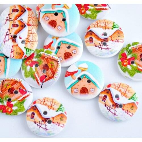 Free shipping -2015 New Random 50pcs Mixed Christmasday Round Christmas Cabin Wood Sewing Buttons Scrapbooking 20mm J1470