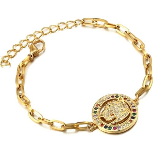 New Fashion Women Copper Zircon Leopard Head Bracelet Ladies Stainless Steel Chain Bracelet Design Party Birthday Gift Jewelry