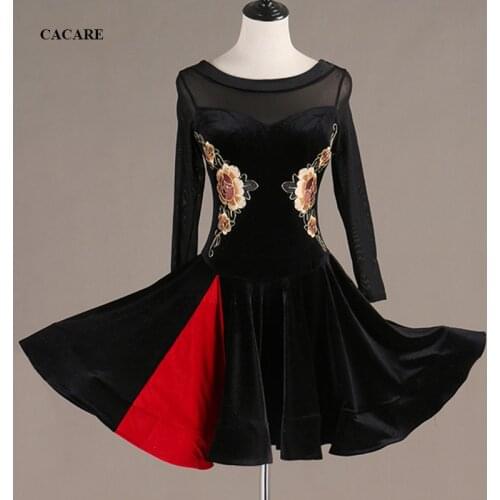 CACARE Latin Dance Dress Women Velvet Salsa Dance Wear Lyrical Dance Costumes D0564 Mesh Sleeve Appliques Big Hem