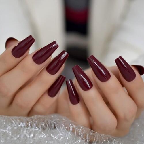 Long Coffin Design Nails Art Tips Square Pure Color Chocolate Brown Fingernails Shiny Fake Nail Manicure 24CT