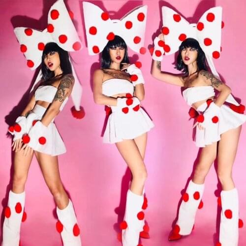 Lovely Bow Plush Party Performance Costume Nightclub Bar DJ Dancer Wear Rave Clothes Ladies GOGO Dancing Stage Dancewear VDB3949