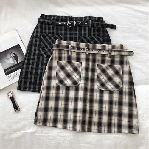 Plaid A-Line Women Skirts Mini High Waist Office Ladies Chic Belt Skirts Above Knee Vintage Fashion Print Women Pockets Skirts