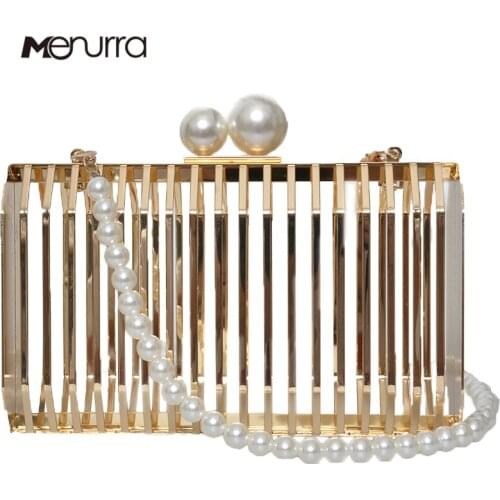 Unique Design Metal Hollow Fashion Womens Evening Clutch Bag Ladies Pearl Chain Shoulder Bag Crossbody Messenger Party Bag