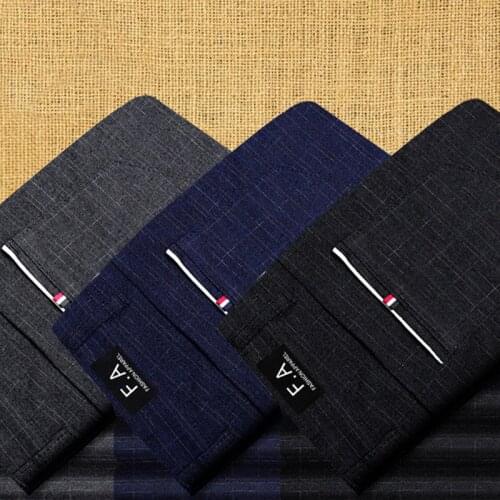 High Quality Cotton Linen Plaid Pants Men Business Casual Straight Trousers