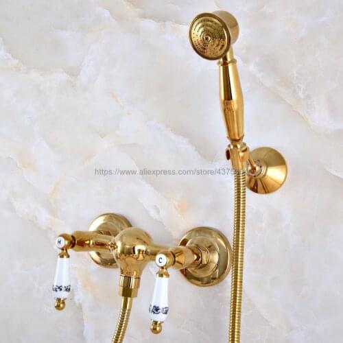 Gold Color Brass Bathroom Wall Mounted Hand Held Shower Head Kit Shower Faucet Sets Nna983