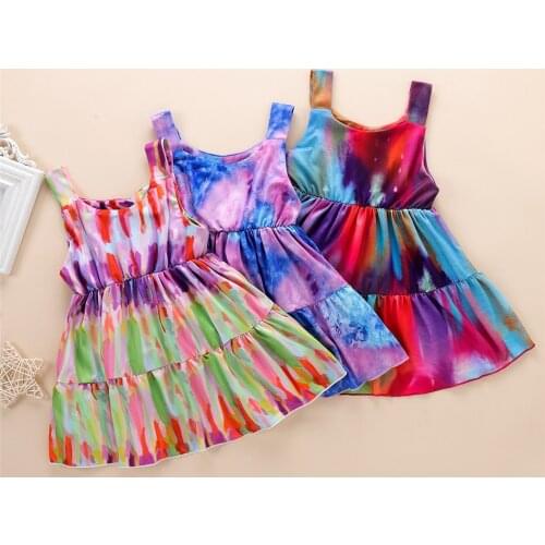 2021 Girls Dress New Sleeveless Summer Tie Dyed Princess Red Skirt Kids Dresses For Girls Childrens Clothing Baby Girl Clothes