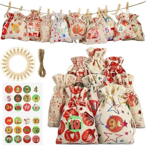 Christmas Pattern Candy Bag 1-24 Advent Calendar Bundle Cotton Linen Gift Bag Home Table Topper Christmas Decoration Christmas
