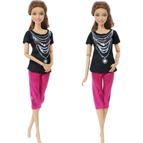 Handmade 1 Set Black Bowknot Printing T-shirt Pink Sequins Pants Casual Clothes Accessories for Barbie Doll Kids Toy