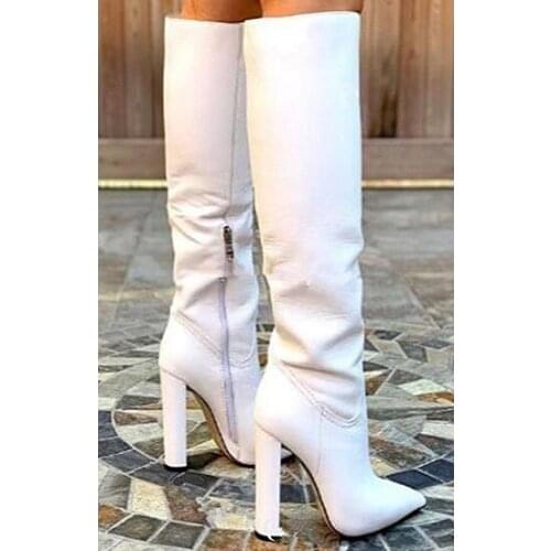 Newest Woman White leather Pointed Toe Tube Boots Female Slim Square Heels Zipper Side Knee High Long Boots Shoes