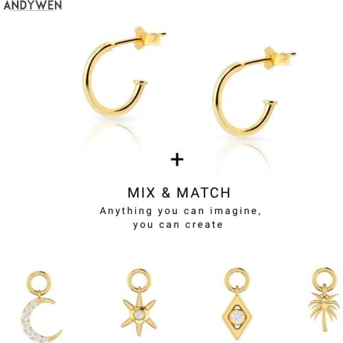 ANDYWEN 925 Sterling Silver Gold 9mm Moon CZ Pendientes Charms Cruz Oro Luna Sol Drop Earring Piercing Clip Fine Jewelry Gift