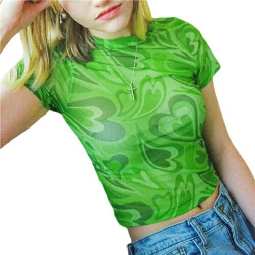 Womens Tank Top Gothic O-neck Short Sleeve Sheer Mesh T-shirts Heart Print Slim Fit Crop Tops Summer Y2k Top Female Shirt
