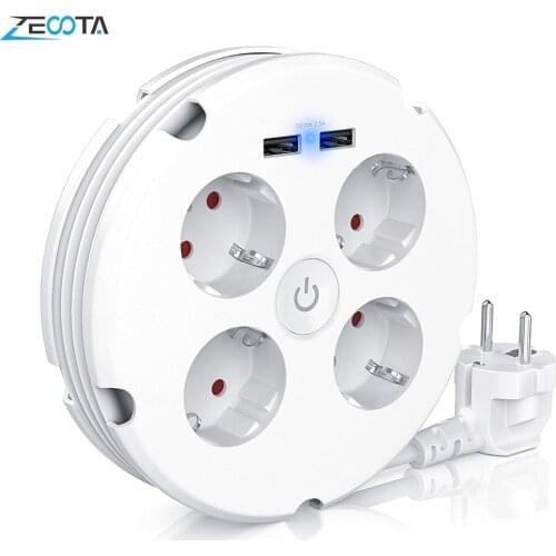 Multiple Power Strip Electric Sockets 4 way Round 2 USB Charger Switch Outlets Illuminated Wall Mounting Circular Roll-up Cable