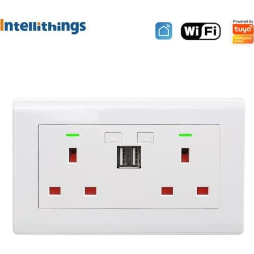 Intellithings Tuya WiFi Smart Wall Socket with 2 USB Ports UK Outlet Neutral Required Alexa Google Home On Off Physical Key