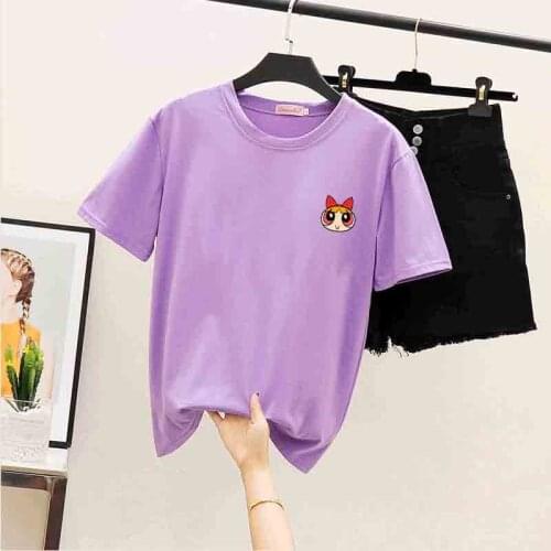 2020 Kawaii blossom Power puff Harajuku Womens Cotton Ulzzang kpop Style Cartoon Printing Girls T-Shirts Summer Sweet Tops