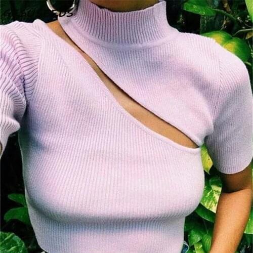 Sexy t shirt women 2021 knitted shirts summer turtleneck women shirt white korean short sleeve top pink cut out tops cute black