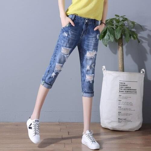 Jeans Women 2021 Summer Thin Cropped Trousers Loose High-waisted Holes Korean Beggar Middle Pants Mother Jeans