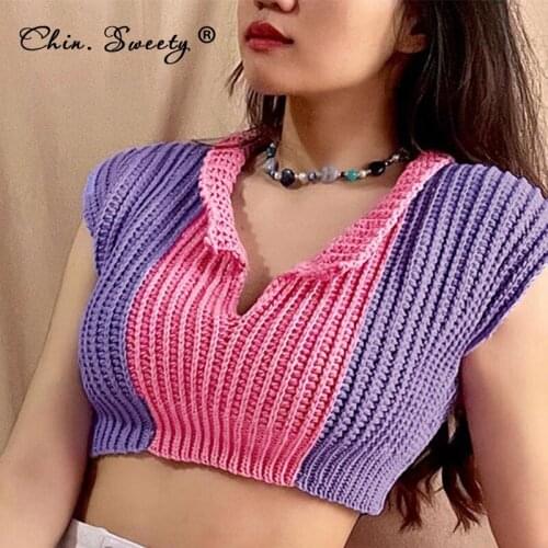 Knit Colour Womens Cropped Sweater Pullovers 2021 Autumn New Sleeveless Polo Collar Slim Sweaters Ladies Sexy Fashion Knitwear