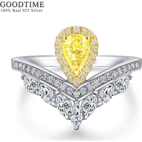 Luxury Wedding Ring For Women Pure 100% 925 Sterling Silver Waterdrop Yellow High Carbon Gemstone Crown Ring Jewelry