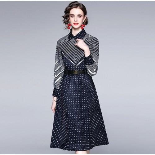 2021 Runway Woman Maxi Dress Turn-down Collar Dresses for Woman Elegant Belt Vintage Print Long Vestidos