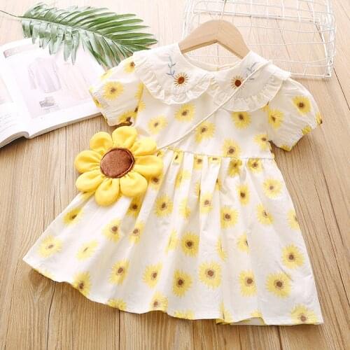 2021 New Summer Puff Sleeve Sunflower Print Cute Children Princess Dress Toddler Kid Clothes Girl Dress For 2-6Y