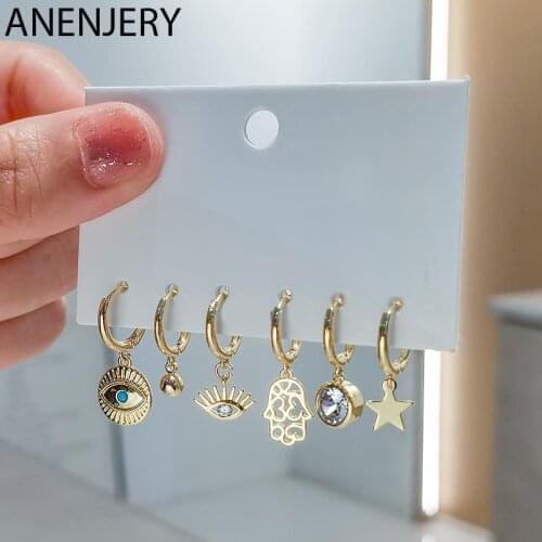 ANENJERY 6 pieces/set 925 Sterling Silver Palm Eyes Star Hoop Earrings Set for Women Daily Jewelry Wholesale