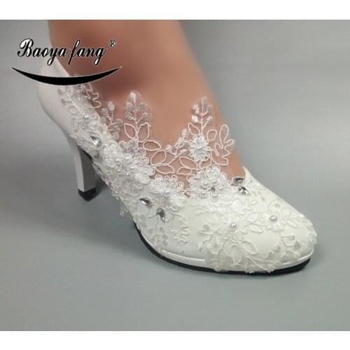 BaoYaFang Patent Leather Women wedding shoes Round Toe High heel Ladies High Pumps sweet flower platform shoes woman party Pumps