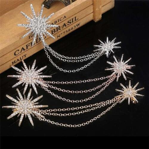 Shining Womens Alloy Rhinestones Brooch Brooch Clip Badge Crystal Snowflake Scarf Buckle Collar Pins Double Chain Tassels