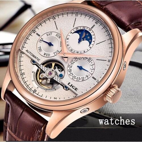 LIGE 6826 Luxury Brown Tourbillon Automatic Mechanical Men Watches Simple Retro Multifunctional Leather Wristwatch Male