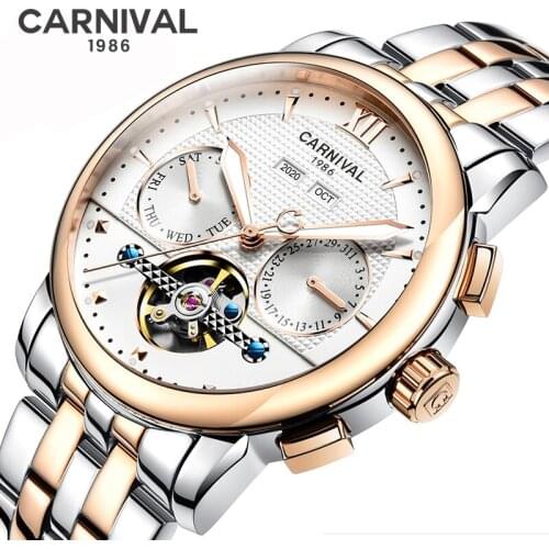 CARNIVAL Perpetual Calendar Sport Watch Men Luminous Analog Tourbillon Automatic Watches Top Brand Rose Gold Date Watch relogio
