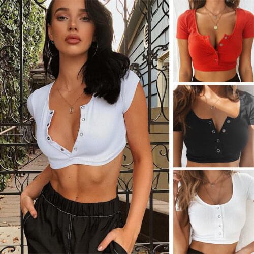 Women Summer Stylish Short Sleeve T-shirt Crop Top Skinny Button Street Tee S-L