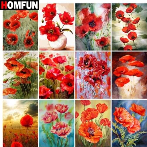 HOMFUN Rhinestone Painting Crystal Decor Diy Diamond Painting "Red flower landscape" 3D Cross Stitch Pattern Diamond Embroidery